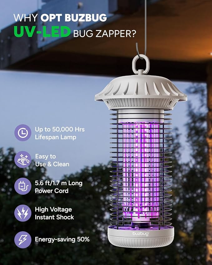 Buzbug LED Bug Zapper Indoor Outdoor, Up to 50000 Hrs Lifespan Lamp, Energy Saving & Dual Band Attraction, 5.6 ft Power Cord, High Voltage Mosquito Fly Zapper Trap Killer -MO008C (White)