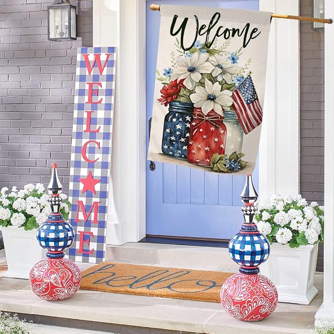 4th of July Floral House Flag 28 x 40 Vertical Double Sided Patriotic Mason Jar Flowers Red Blue Memorial Day Independence Day Holiday Outside Decorations Burlap Yard Flag BW321-40
