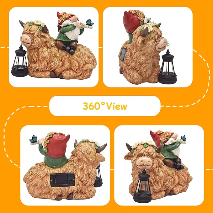 WINTS Solar Highland Cow Gnome Light,9.8" Highland Cow Statue with Lantern for Lawn Yard Outdoor Garden Decorations, Unique Gift for Mom Women Men