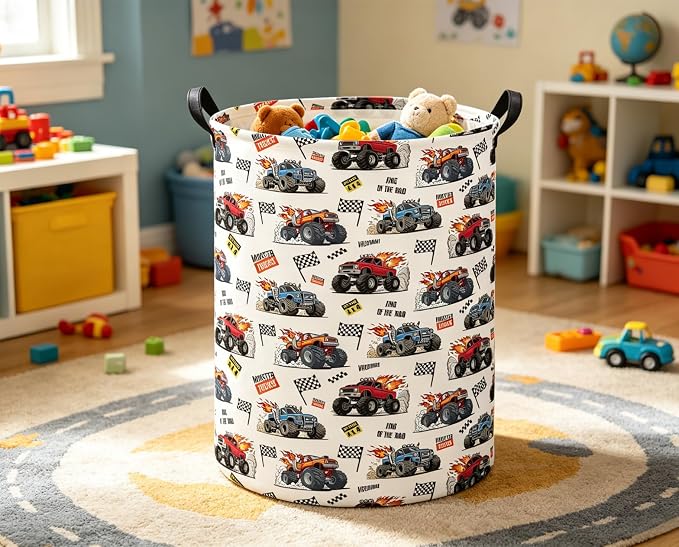Baby Laundry Basket Kids Hamper Toy Storage Bin for Boys Room Decor Baby Nursery Hamper Gift Baskets for Bedroom Bathroom(Monster Truck)