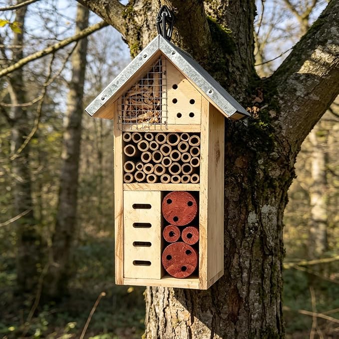 Wooden Insect Hotel for Garden - Bee House & Ladybug House, Pollinator Bug Hotel/Bug House to Attract Beneficial Garden Insects (Tin Color)