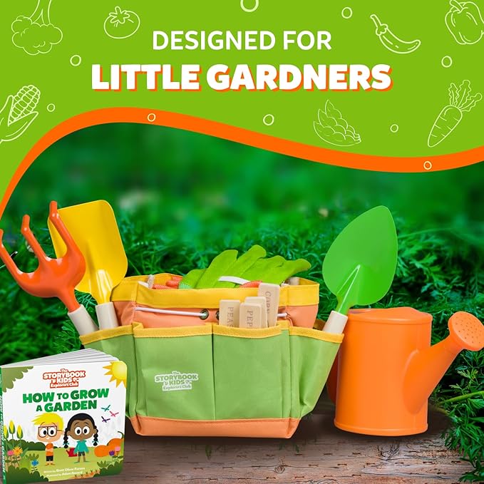 Kids Gardening Set – Toddler Gardening Kit Includes Watering Can for Kids, Shovel, Rake, Plant Stakes, Kids Gardening Gloves, Tote Bag & STEM Learning Gardening Guide Book - Garden Tool Set Green