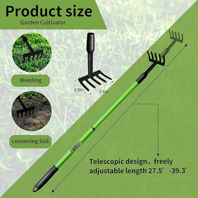 Garden Rake,Small Rake for Gardening with Telescopic Handle (27-40"),Mini Metal Hand Rake for Tight Spaces,Yard Flower Beds,Elderly Friendly Ergonomic Weed Rakes Garden Tools for Lawn Weeding 1 Piece