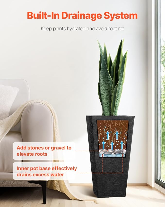 VEVOR Set of 2 Tall Outdoor Planters 22inch, Large Planters for Outdoor Indoor Plants, Black Front Porch Planter Flower Tree Plant Pots with Modern Design and Built-in Drainage