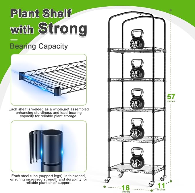 5-Tier Mini Greenhouse with Grow Light, Shelf Height Adjustable Metal Plant Shelf with PVC Cover and Wheels, Includes 4-Pack Full Spectrum Plant Lights, 11x16x57inch