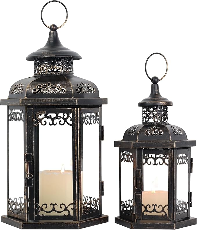 Large Lantern Decorative Outdoor & Indoor, Set of 2 (15’’&11’’) Metal Candle Lanterns Decor, Vintage Hanging Candle Holder for Front Porch Patio Wedding Farmhouse Home, Spring Decoration