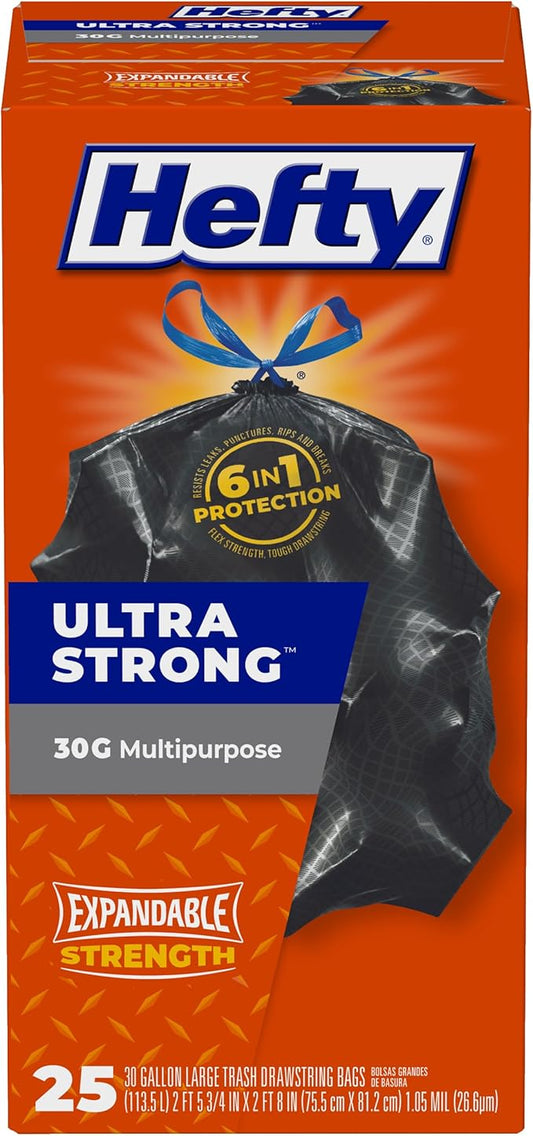 Hefty Ultra Strong Multipurpose Large Trash Bags, Black, Unscented, 30 Gallon, 25 Count