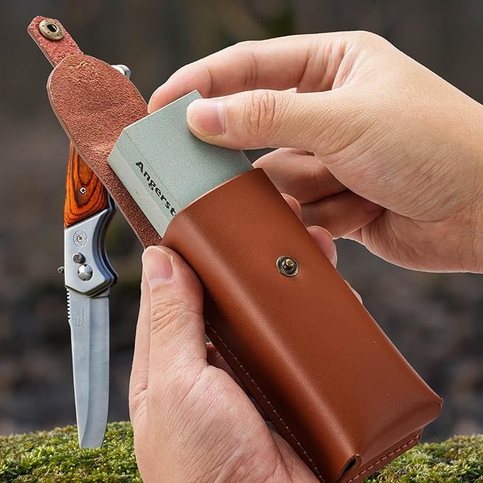 Angerstone Portable Whetstone Knife Sharpening Stone - Outdoor Hunting Knife Sharpener Stone Kit Dual Grit 400/1000 - Pocket Sharpening Stones for Knives with Cowhide Pouch for Bushcraft Camping Field