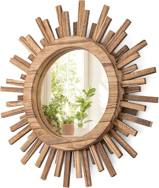 12 Inch Boho Sunburst Mirror, Round Wooden Wall Decor Starburst Sun Mirror for Bedroom, Living Room, Bathroom, Hallway, Balcony, Farmhouse Entryway, Housewarming Gift（Rustic Brown