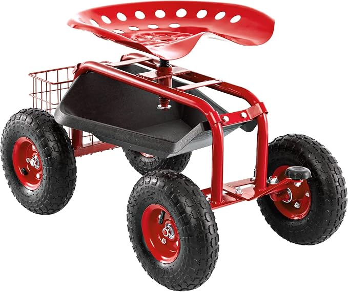 IRONMAX Garden Cart with Seat, Gardening Rolling Stool Scooter with 10’’ All-Terrain Wheels, Convenient Pull Handle & Tool Tray and Basket for Outdoor Planting (Red)