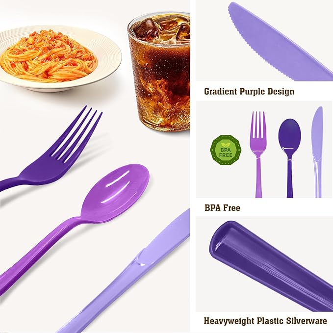 60 PCS Purple Plastic Forks Heavy Duty Purple Plastic Cutlery Set Disposable for Birthday, Baby Shower, Graduation Party, Picnic