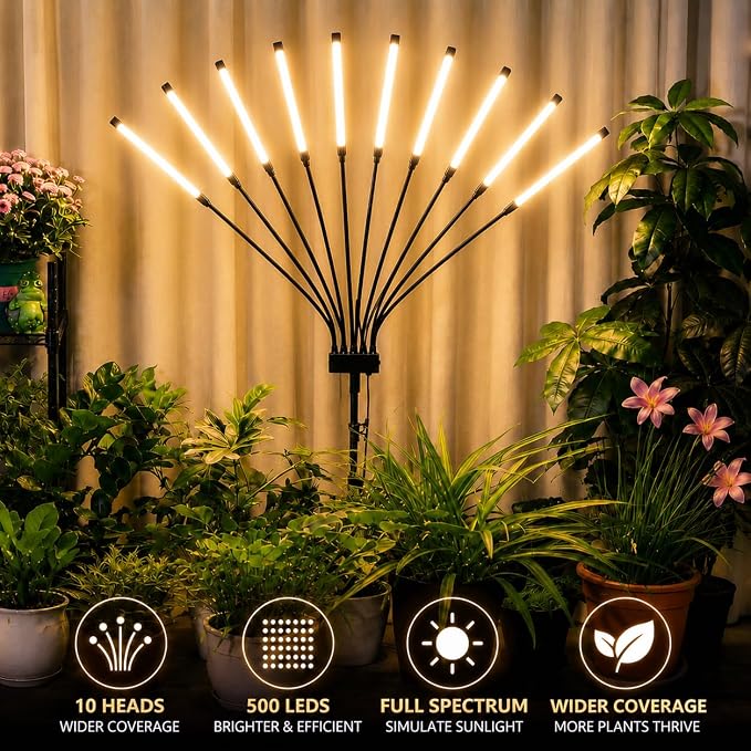 Grow Lights for Indoor Plants [ 10 in1 ] 500 LEDs, Full Spectrum Grow Light for Indoor Growing with Tripod Stand, Auto On/Off Timing 4/8/12H, Plant Grow Lights Indoor.