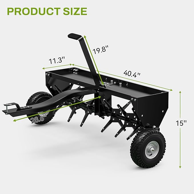 AUTOSAVER88 40" Tow Plug Lawn Aerator with Universal Hitch & Adjustable Handle for Lawn, Farm and Garden, Tow Behind Aerator with 24 Steel Tines & 10" Inflatable Wheels, Aerator Lawn Tool, Black