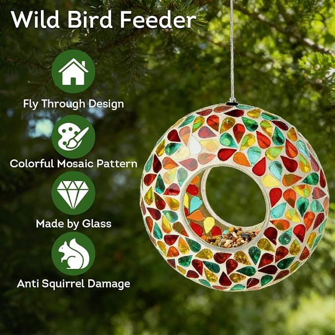 Lily's Home 6 Inches Glass Mosaic Hanging Bird Feeder for Outdoors Fly-Through Large Bird Feeder for Outdoor Garden Decor Backyard, Vibrant Gift for Animal Lovers, Green, Yellow Orange