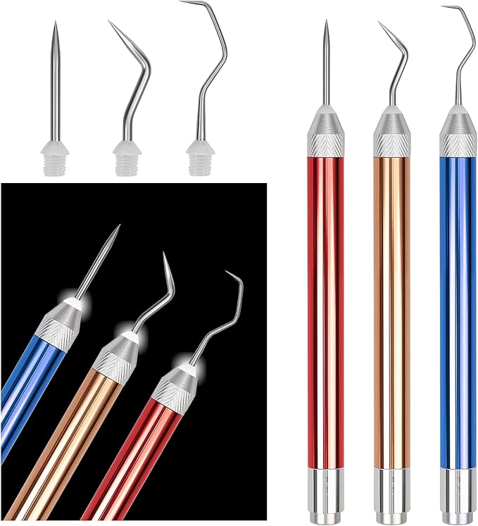 3PCS LED Weeding Tools for Vinyl with Light with Pin and Hook Lighted Pin Pen Weeding Tool for Removing Iron on Tiny Vinyl Paper Silhouette Cutting Machines Supply (Blue/Red/Rose Gold)