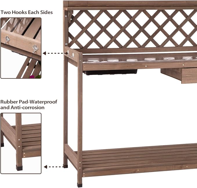 GUTINNEEN Potting Bench Garden Table for Plants Outside Outdoor Wooden Garden Work Bench with Sink Storage PVC Layer Drawer Shelf Hook for Gardening