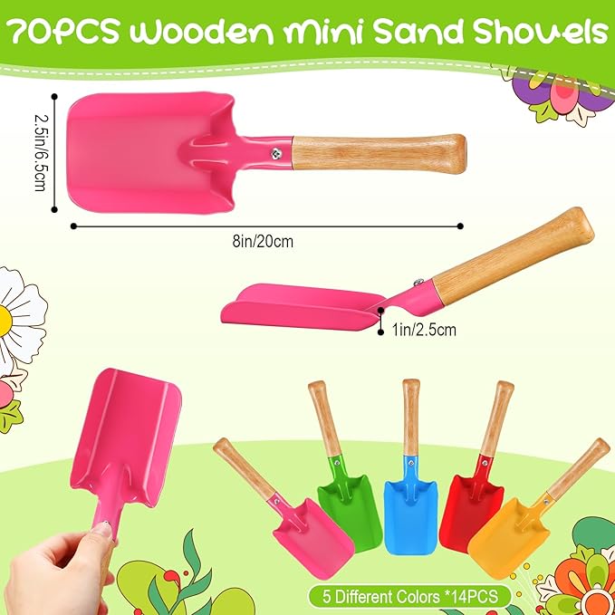 RoundFunny 70 Pcs Colorful Garden Shovels Small Beach Toy Shovels Metal Sand Trowel with Sturdy Wooden Handle, Soil Planting Mini Digging Tools, 5 Colors