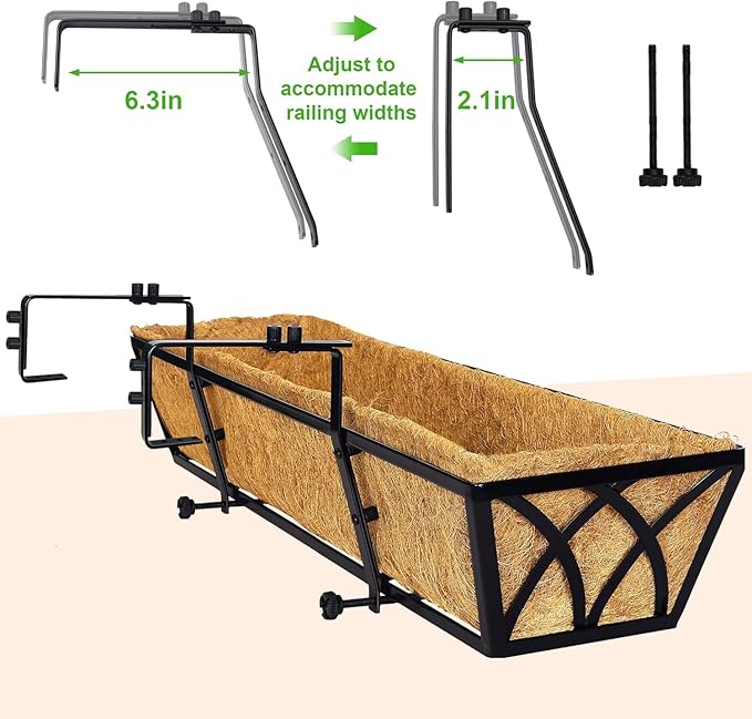 HFHOME 24 inch Railing Planter Box with Coco Liner, 24" Dia Window Box Trough with Coconut Coir Liners, Black Metal Hanging Flower Planter Basket for Indoor Outdoor Lawn - Set of 4