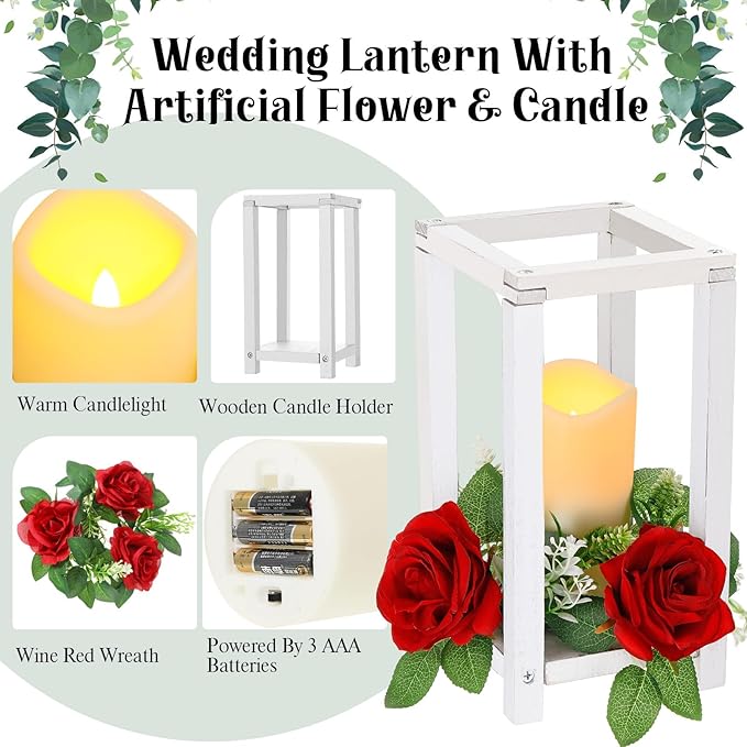 Hushee 60 Pcs Integrated Wedding Lantern Centerpiece Rustic Wooden Holder with Candles and Rings Farmhouse Candle Lantern Decor for Home Valentine Wedding Party Table Decor (White and Red)