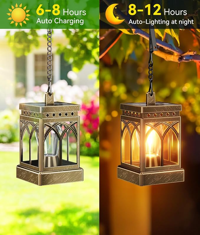 KOOPER 2 Pack Solar Lanterns Outdoor Waterproof, Brighter Hanging Solar Lantern Lights for Outside, Auto ON/Off Lanterns Decorative Outdoor for Garden Table Yard Path Patio Lawn Decor, Gifts (Bronze)