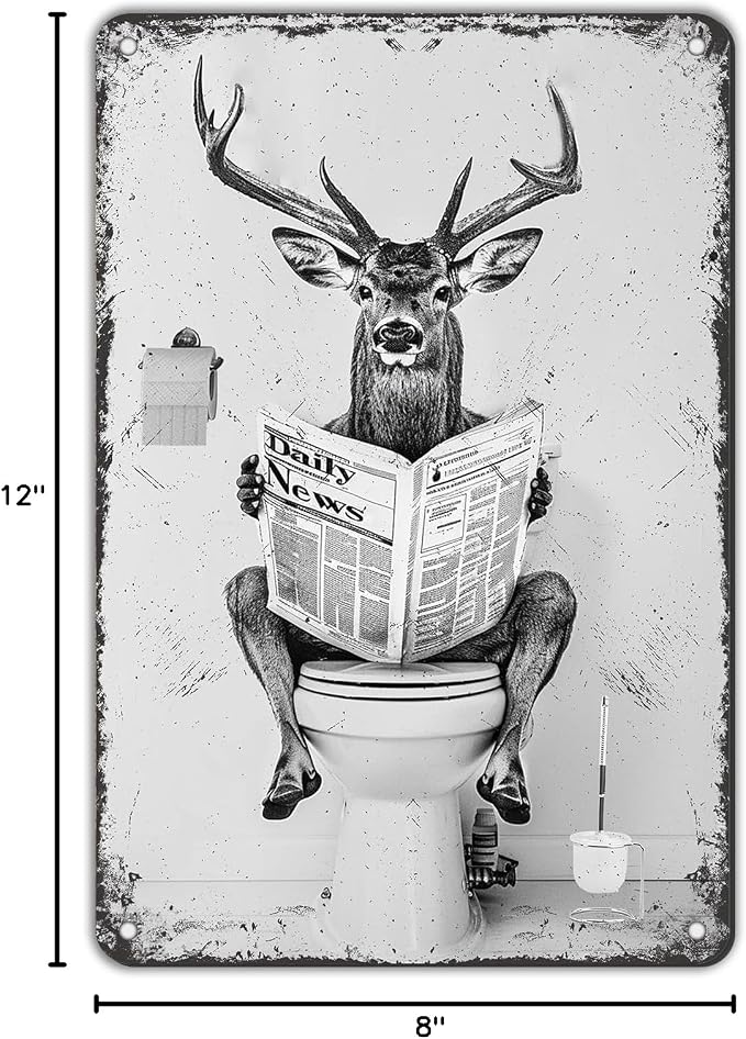 Deer Metal Tin Sign Funny Toilet Vintage Sign for Perfect Black and White Bathroom Decor 12 * 8in