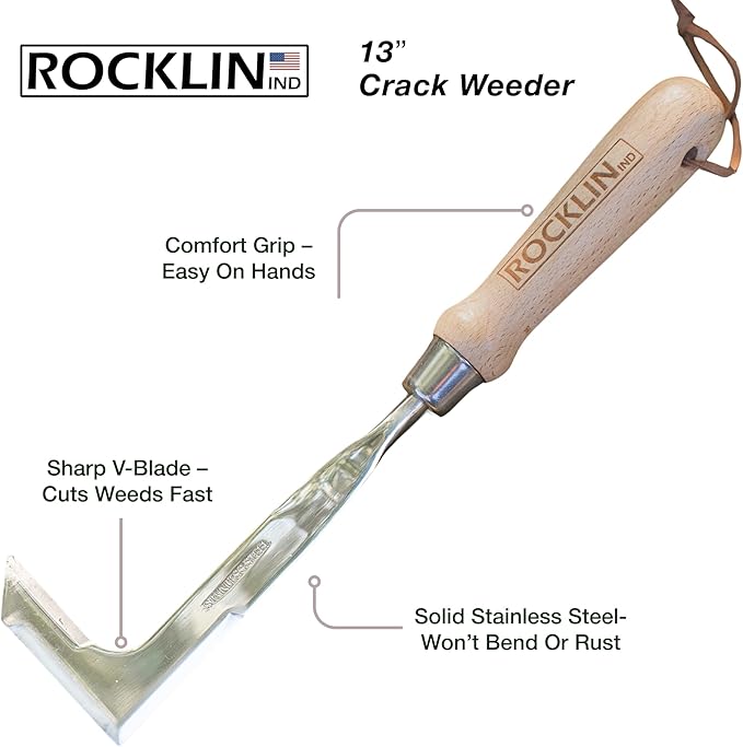 Rocklin™ Crack Weeder – 13" Stainless Steel Manual Crevice Weeding Tool with Beech Wood Handle – L-Shaped Blade for Sidewalk, Patio, and Garden Weed Removal for Dad, Husband & Men