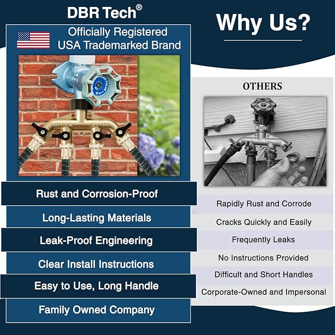 DBR Tech® Heavy Duty 4 Way Hose Splitter (Premium Brass for Superior Durability), Wye Garden Hoses Connector for Water Spigot Faucet Bib Tap, Y Adapter, Rust-Resistant Finish