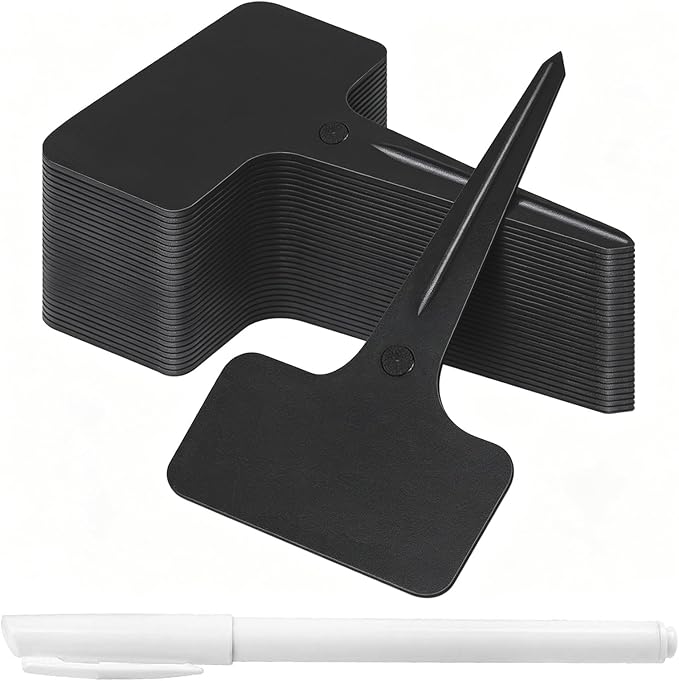 Whaline 100 Pcs Plastic Plant Labels Black T-Type Garden Stake Tags Waterproof Plant Markers Reusable Plants Signs for Outdoor Indoor Nursery Potted Plants Seed with A White Marker Pen (6 x 10 cm)