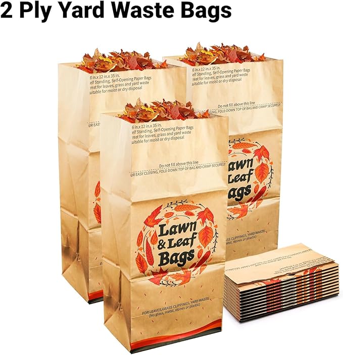 10 Pack 30 Gallon Lawn and Leaf Bags, 2-Ply Heavy Duty Yard Waste Bags, Brown Paper Lawn and Refuse Bags, Large Trash Bag for Home, Garden, Landfill, Tear Resistant and Self Standing