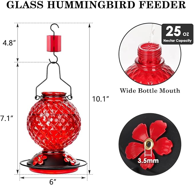 25 OZ Glass Hummingbird Feeder for Outdoors, Leak Proof Hummingbird Feeder with Ant Moat, 4 Bee Resistant Feeding Ports, Easy Clean Wide Mouth Design, 360° Perch, Hanging Nectar Feeder, Red