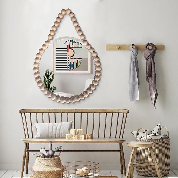 POZINO Wood Beaded Round Mirror, 24" Farmhouse Hanging Rustic Mirror with Rope, Spherical Frame Circle Wall Mirror for Bathroom Bedroom Living Room Hallway Entryway Fireplace