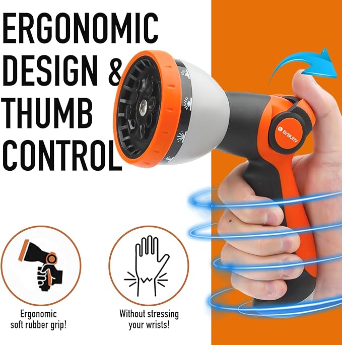 Water Hose Nozzle Sprayer, BIBURY Hand Sprayer with 10 Spray Patterns and On Off Valve Thumb Control, High Pressure Garden Hose Spray Nozzle for Watering Plants, Cleaning, Car Wash and Showering Pets