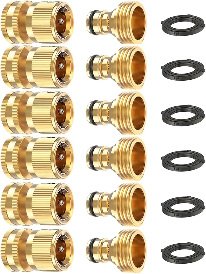 Kesfitt Garden Hose Quick Connect 3/4 Inch GHT Solid Brass Hose Connector Adapter Kit Fitting No-Leak Water Hose Female and Male Adapter (6 Sets)