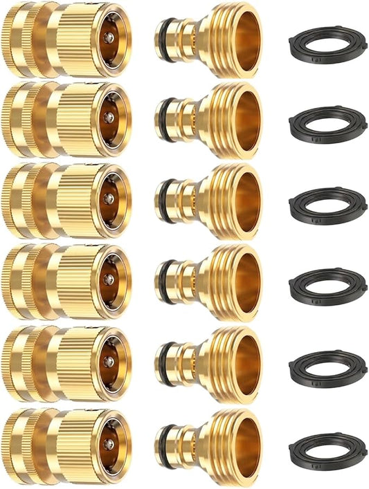 Kesfitt Garden Hose Quick Connect 3/4 Inch GHT Solid Brass Hose Connector Adapter Kit Fitting No-Leak Water Hose Female and Male Adapter (6 Sets)