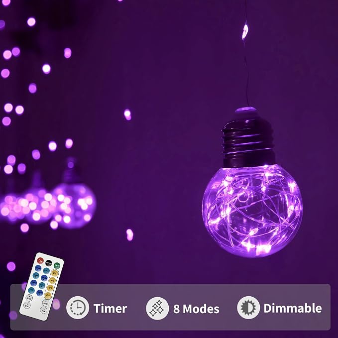 YOLIGHT Wishing Ball Curtain Lights 200 LED Window Curtain String Lights with Remote, USB Battery Powered Twinkle Globe Fairy Lights for Wedding Party Bedroom Halloween Christmas Decoration (Purple)