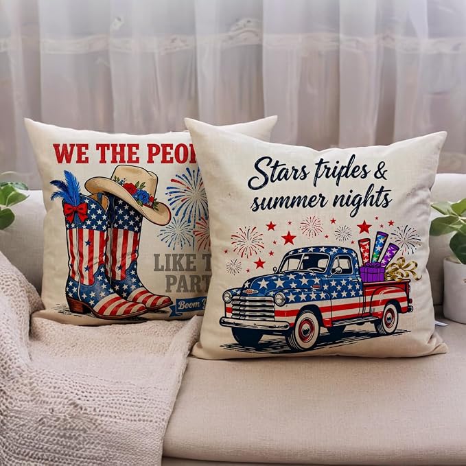 4th of July Patriotic Throw Pillow Covers 18x18 Inch 4Pack, American Flag With Hummingbird, Truck, Cowboy Boots & Dog Pillow Cases, Independence Day Farmhouse Cushion Covers for Sofa Patio (Red/Blue)