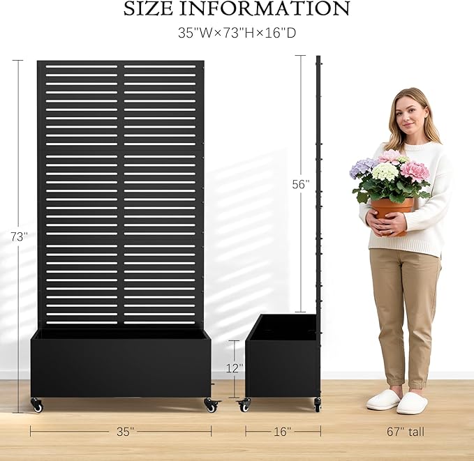 Baotree Metal Raised Garden Planter Bed, 72"x35"x16" Outdoor Planter Box with Trellis and Wheels for Climbing Plants, Vegetables & Vines, Features Drainage Holes and Privacy Screen (Black-Louvered)