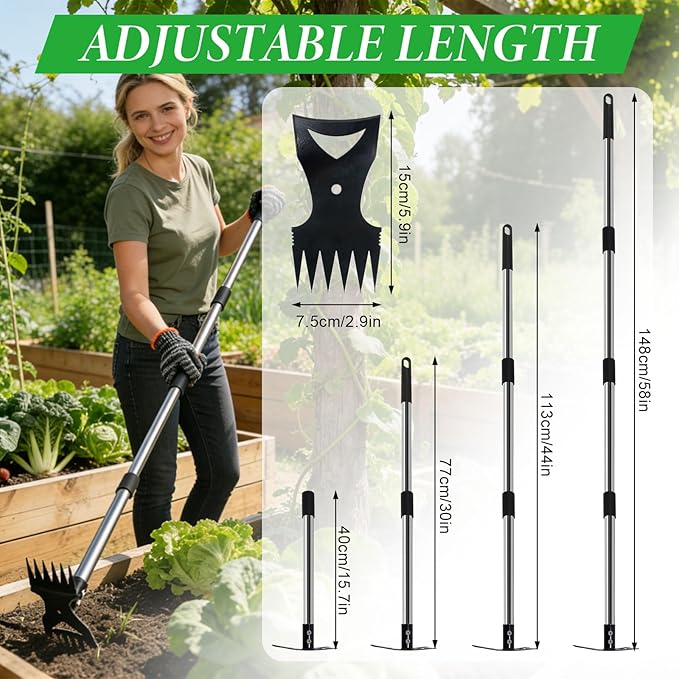 Weed Puller Tool with Long Handle – 58" Manual Weeder Remover Tool, 2-in-1 Handle Garden Hoe and Weed Rake, Hoe Garden Tool, Uprooting Weeding Tool for Yard, Lawn, Patio and Garden