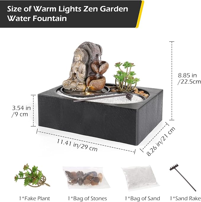 Dyna-Living Water Fountains Indoor Small Tabletop Water Fountain Waterfall Fountain with Zen Garden LED Warm Light Buddha Fountains Indoor for Home Zen Room Decor