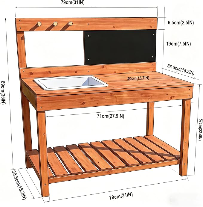 Wooden Potting Bench with Chalkboard, Removable Basin, Storage Shelf and Hooks, Outdoor Garden Work Table,Educational Gardening Tools, Natural Wood Finish (Paint Red)