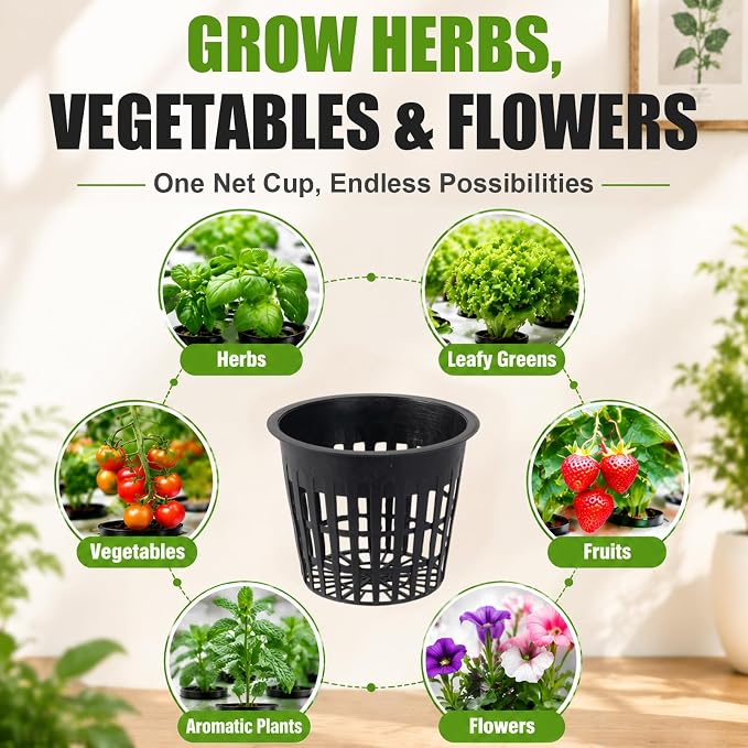 Net Cups Hydroponics 24 Pack 3 Inch Mesh Net Pots with 20 Ft Wick Cord & 24 Plant Labels, Slotted Cups for Healthy Root Growth, Indoor Hydroponic Growing & Aquaponics Systems