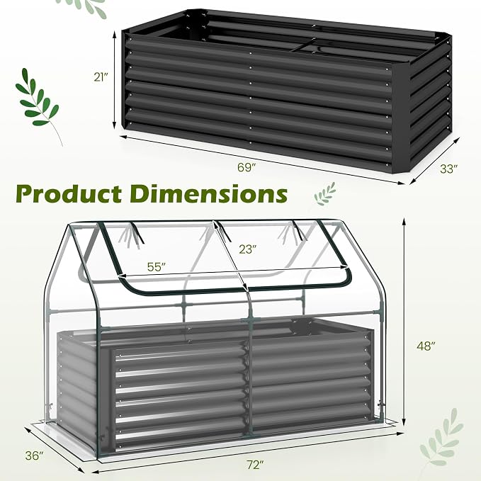 Giantex 3-in-1 Metal Raised Garden Bed with Greenhouse Cover, 6x3x4 FT Metal Elevated Outdoor Planter Box with Roll-Up Windows, Open Base Grow Box for Vegetables, Flowers and Herbs, Black