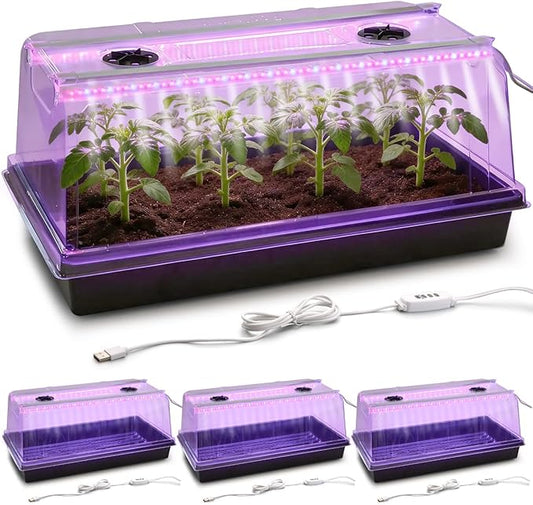 1020 Nursery Tray with Grow Lights - 4-Pack 6.3" Extra High Humidity Dome & Heavy Duty Propagation Tray, 8-Pack Integrated 96 Full Spectrum LED with Timer/5 Dimmable Levels, Reusable Greenhouse Kit