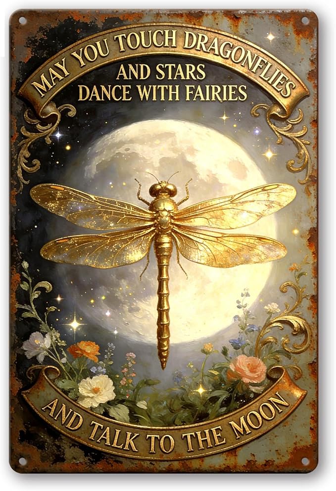 2D Flat Funny Garden Signs, Touch Dragonflies And Dance With Fairies Vintage Garden Decor, Outdoor Wall Decor for Patio Yard Greenhouse, Waterproof Dragonfly Gift for Home 8x12 Inch