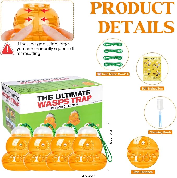 4 Pack Reusable Wasp Traps Outdoor Hanging Yellow Jacket Trap Carpenter Bee Traps for Outside Hornet Trap Wasp Catcher for Outdoors, Wasps Killer Garden, Farm, Insect Bug Flies