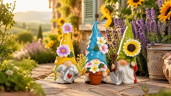 Hodao Summer Decorations for Home - Colorful Garden Gnomes Figurines with Flowers & Tools – Spring Summer Indoor Decor for Table, Lawn, Window Sill – Gift for Garden Lovers