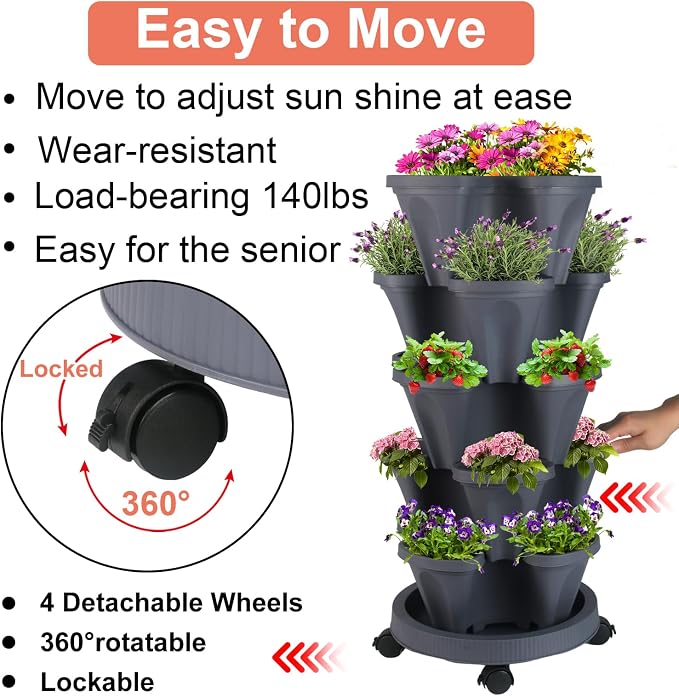 GameXcel Vertical Planter Tower - 5 Tier Stackable Garden Planters with Wheels and Tools Plant Pots for Strawberry Herb Flower and Vegetable Indoor Outdoor Use Dark Gray