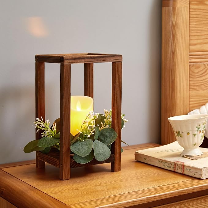 60 Pcs/20 Set Wooden Wedding Lantern Centerpiece-Wooden Candle Lantern Bulk Includes 20 Farmhouse Wooden Candle Holder 20 Flameless LED Candles 20 Eucalyptus Leaves Wreath for Decoration