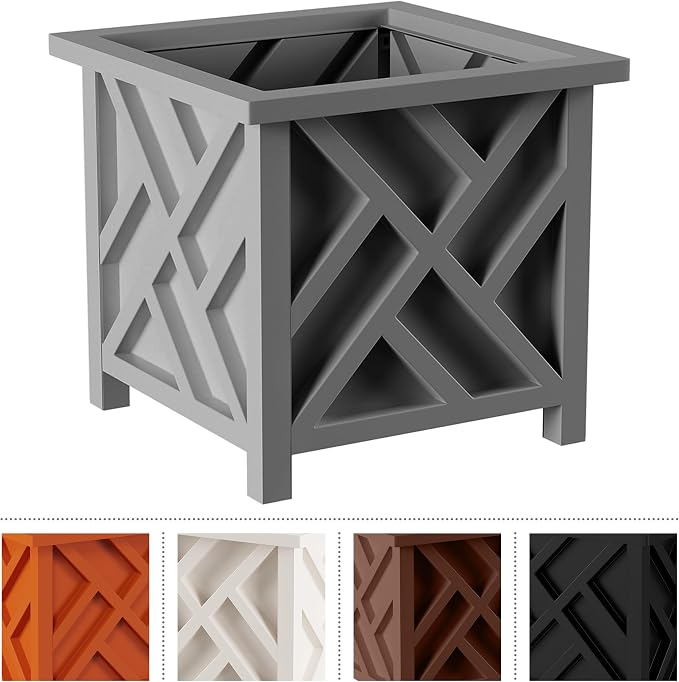 Lattice Design Outdoor Planter Box - 14.75” Square 13” Tall Gray Plant Pot - Decorative Plant Pots for Front Porch Decor - Flower Pots Outdoor Planters for Porch Patio or Garden Decor by Pure Garden