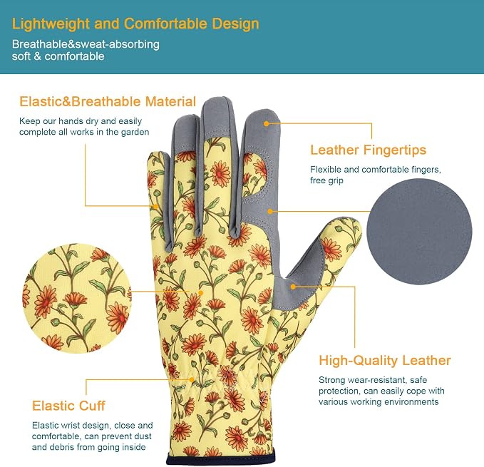Bamllum Leather Gardening Gloves for Women - Working Gloves for Weeding, Digging, Planting, Raking and Pruning